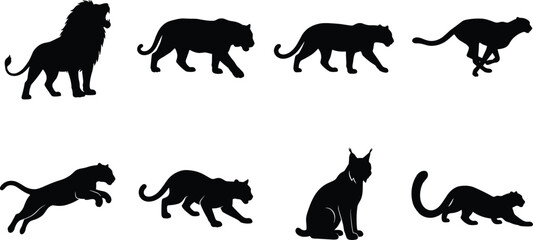 Fototapeta premium Black Big Cat Silhouette Collection Showing Lion, Leopard and Cheetah in Walking, Running, Sitting and Hunting Poses