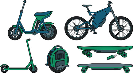 Electric micro mobility vehicles vector set featuring e bike scooter unicycle skateboard and moped transit © Joy