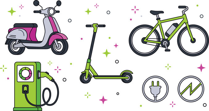 Eco friendly electric mobility elements featuring e scooter bicycle kick scooter and ev charging station vector