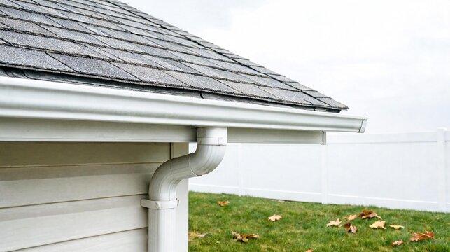 Roof gutter and downpipe beside a lawn