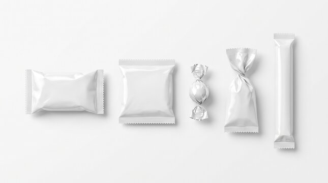Blank white confectionery packaging mockups set including foil wrappers and pouches for branding design