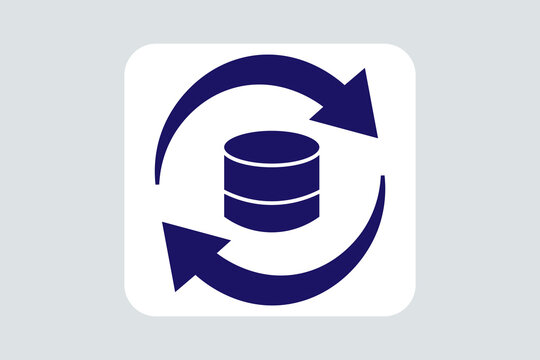 A modern flat-style technology icon featuring a cylindrical database storage symbol in dark blue, surrounded by two curved arrows forming a clockwise circular loop.