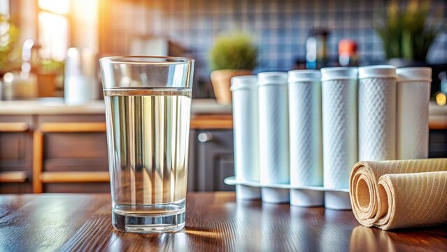 A glass of crystal clear drinking water sat serenely on a cluttered counter alongside wornout filter cartridges