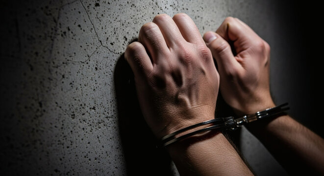 Handcuffed hands of a criminal pressed against a rough concrete wall in a dark room with dramatic moody lighting