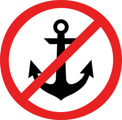 Red no anchoring sign, black nautical anchor prohibited symbol, maritime restriction icon for harbor and beach safety, flat vector graphic © vectorzking
