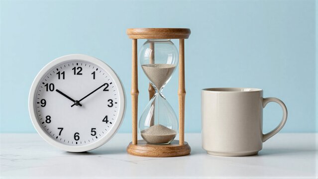 Clock, hourglass, and mug on a clean surface against soft blue background.
