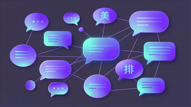 Purple and blue speech bubbles form a network, connecting ideas with Chinese characters.