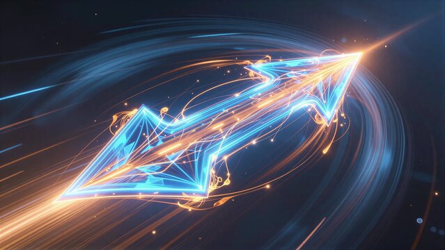 A glowing blue and orange geometric arrow pierces through cosmic energy trails.
