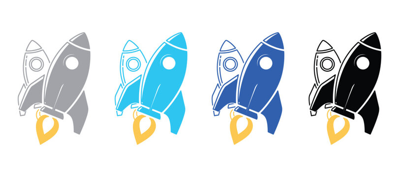Stylized blue rocket ship taking off in a simple flat illustration with exploration astronomy isolated background minimalist professional template trajectory innovation