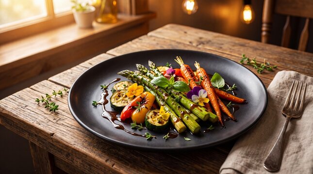 Colorful vegetable plate served on wooden table