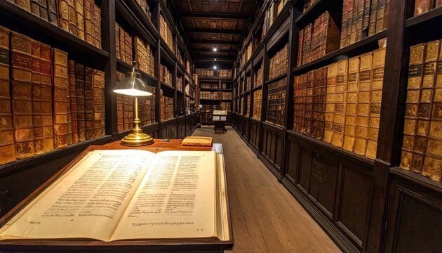 Ancient library with old books and lamp.