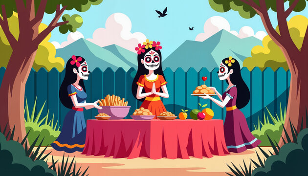 Catrina figures celebrating Day of the Dead in vibrant garden, cultural tribute
