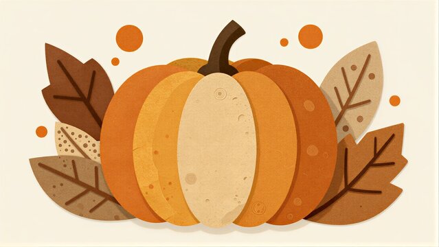 Autumn pumpkin surrounded by warm leaves and orange dots on cream background.