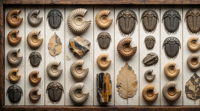 Museum display shows variety of ancient fossils in neat rows. Collection includes ammonite shells, trilobite specimens, petrified wood, fossilized leaves. Scientific features prehistoric remains on