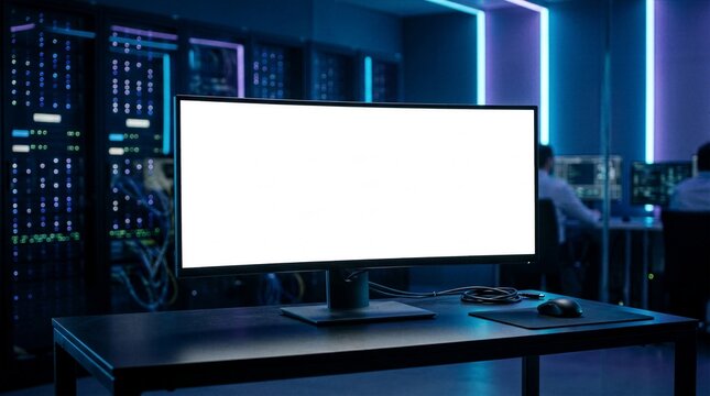 Blank widescreen curved monitor mockup on dark table in modern neon illuminated server center