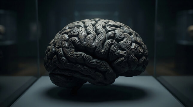 A detailed, dark-toned 3D model of a human brain displayed in a dimly lit environment.