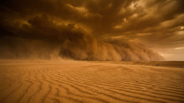 A massive sandstorm rolls across a barren desert landscape under a turbulent, ominous sky.