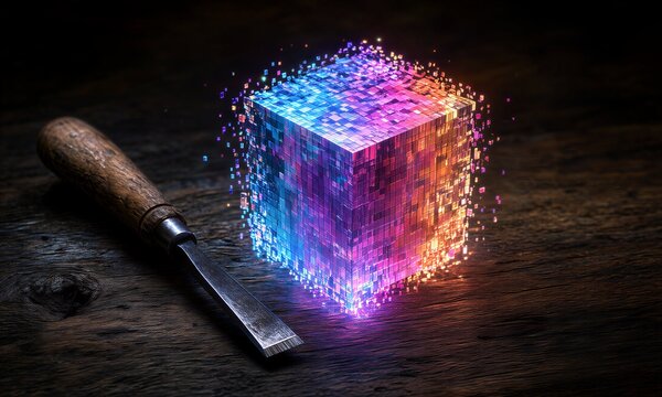 Glowing digital cube beside wooden chisel on dark wood surface.