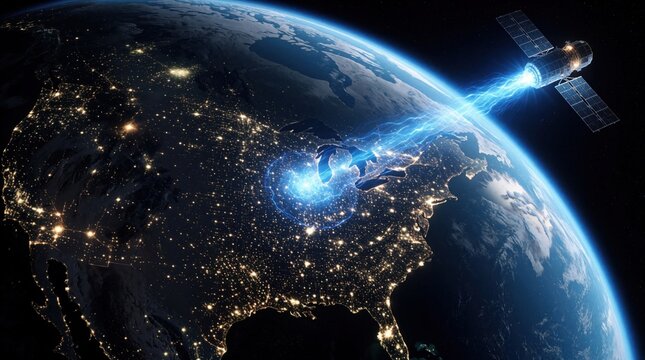 High tech satellite sends blue energy beam to Earth at night. Spacecraft transmits digital signal to North America continent with city lights. Global communication network connects planet through