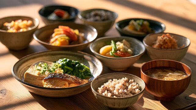 Traditional Japanese home meal with grilled fish, assorted small side dishes, rice and miso soup