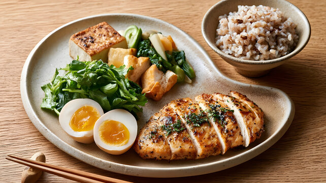 Herb grilled chicken with boiled eggs, tofu and greens served with a bowl of multigrain rice