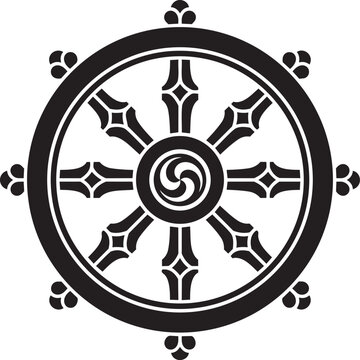 Buddhist dharma wheel symbol, dharmachakra vector icon, simbolo budismo black and white