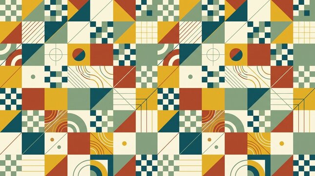 Bauhaus Geometric Patchwork Pattern Retro Grid Seamless Background