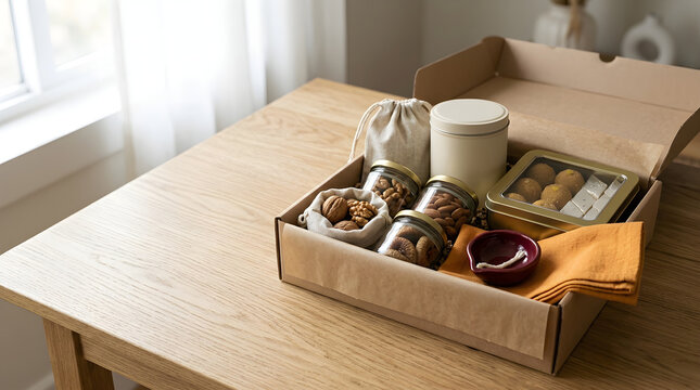 Diwali gift hamper arrangement seasonal retail in festive room with