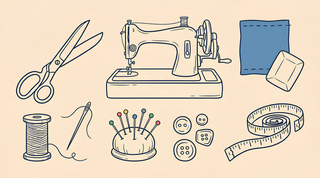 Sewing Kit Illustration Featuring Scissors Needle Thread Buttons and Measuring Tape for Crafting and Textile Projects