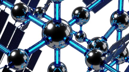 Fototapeta premium Futuristic space station orbital structure with metallic spheres, glowing blue tubes. Modular satellite network uses solar panels for energy. Advanced tech engineering design features complex