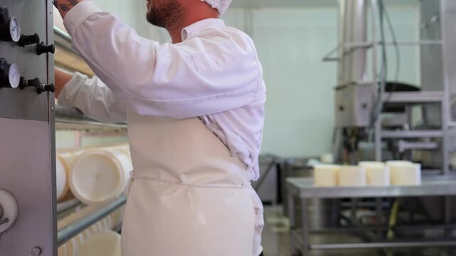 Male worker in a cheese factory arranging cheese molds on industrial shelving for the aging process