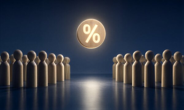 Wooden figures face a glowing percentage symbol, representing financial decision-making.