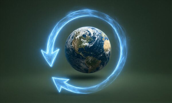 Earth encircled by glowing blue arrows, symbolizing global cycles and renewal.
