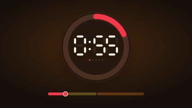 A premium animated countdown timer built entirely from vector shapes, with no fonts or text. A circular orange progress ring depletes from five minutes to zero 