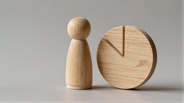 Wooden figure stands beside pie chart, symbolizing data or personal representation.