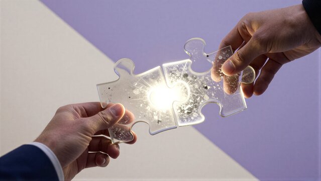 Two hands join transparent puzzle pieces, emitting bright light against a purple and white background.