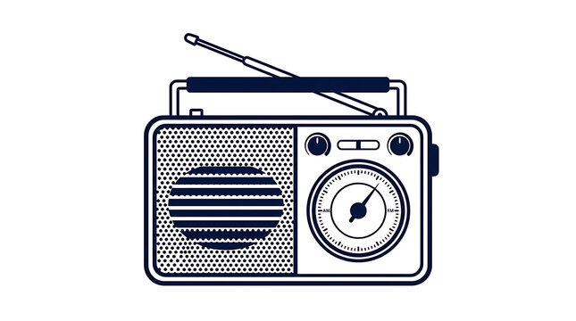 Classic vintage portable transistor radio illustration with antenna, tuning dial, and speaker grill rendered in clean navy blue vector line art on a white background.
