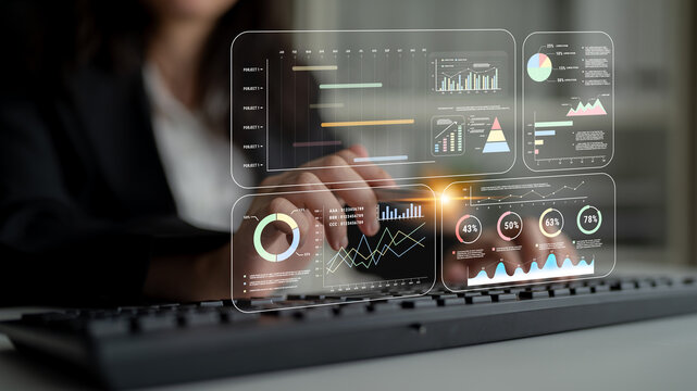 A project management dashboard with business performance analytics. A visualization of project timelines, KPIs, and company data for strategic review. Motif