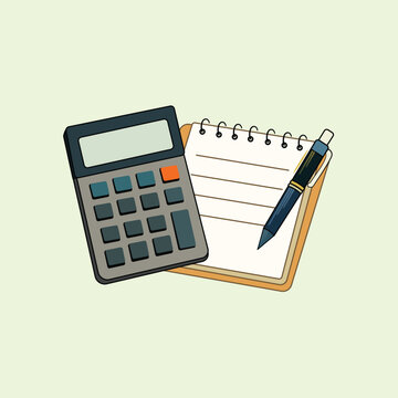 Minimalist graphic illustration of a calculator, spiral notepad, and executive pen. Ideal design element for accounting, finance, budget, tax, office, and app UI design.