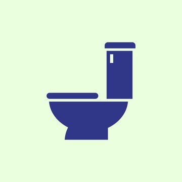 Minimalist graphic illustration of a dark blue flush toilet bowl. Ideal design element for bathroom, restroom, WC, sanitary, hygiene, household, and app UI design.