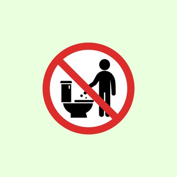 Minimalist graphic illustration of a red prohibition sign for throwing trash into the toilet bowl. Ideal design element for bathroom rules, hygiene, and app UI design.
