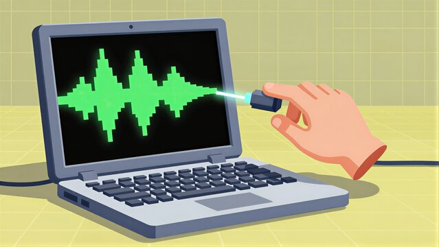Hand interacts with laptop displaying green audio waveform on screen.