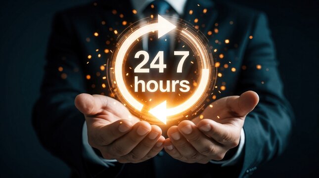 Businessman holds glowing 24 7 hours icon in hands. Digital symbol shows nonstop customer support, round clock service availability. Concept of global assistance, technical help, online client care