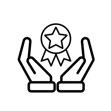 Hands holding award star badge line vector icon