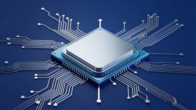 Advanced microchip with intricate circuitry, symbolizing cutting-edge technology and innovation.