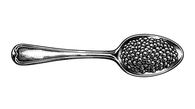 Detailed vector illustration of black caviar on silver spoon