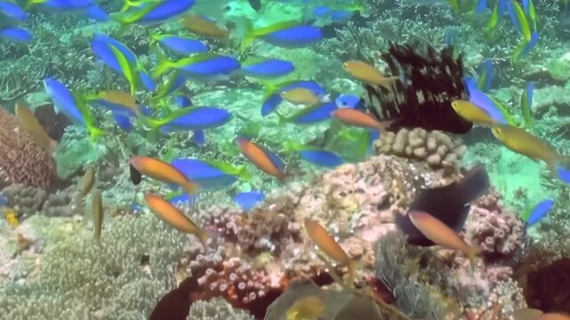 Witness dazzling schools of azure, yellow, and orange fish gracefully navigating a thriving tropical coral reef. Bright daylight illuminates the diverse marine life in this pristine underwater realm.