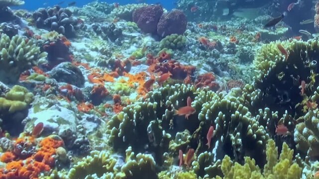 Gaze upon a breathtaking underwater tableau where a kaleidoscope of vibrant corals thrives.