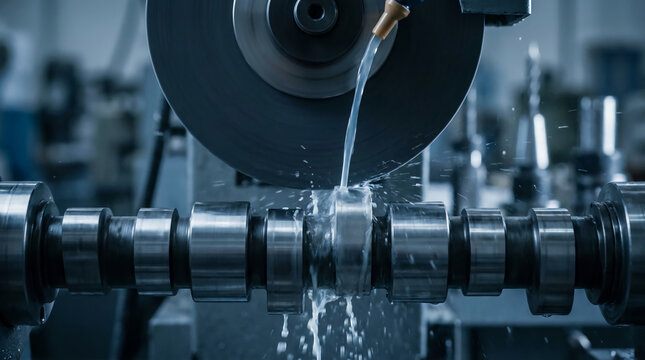 A close-up of a metal grinding machine smoothing a cylindrical metal component with coolant fluid spraying onto the surface.