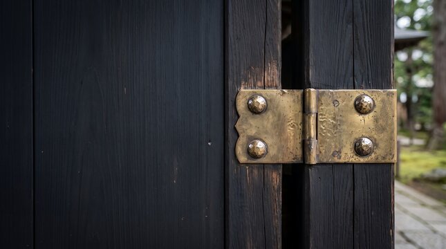Close-up of an old Japanese wooden door with a weathered bronze hinge in a temple
